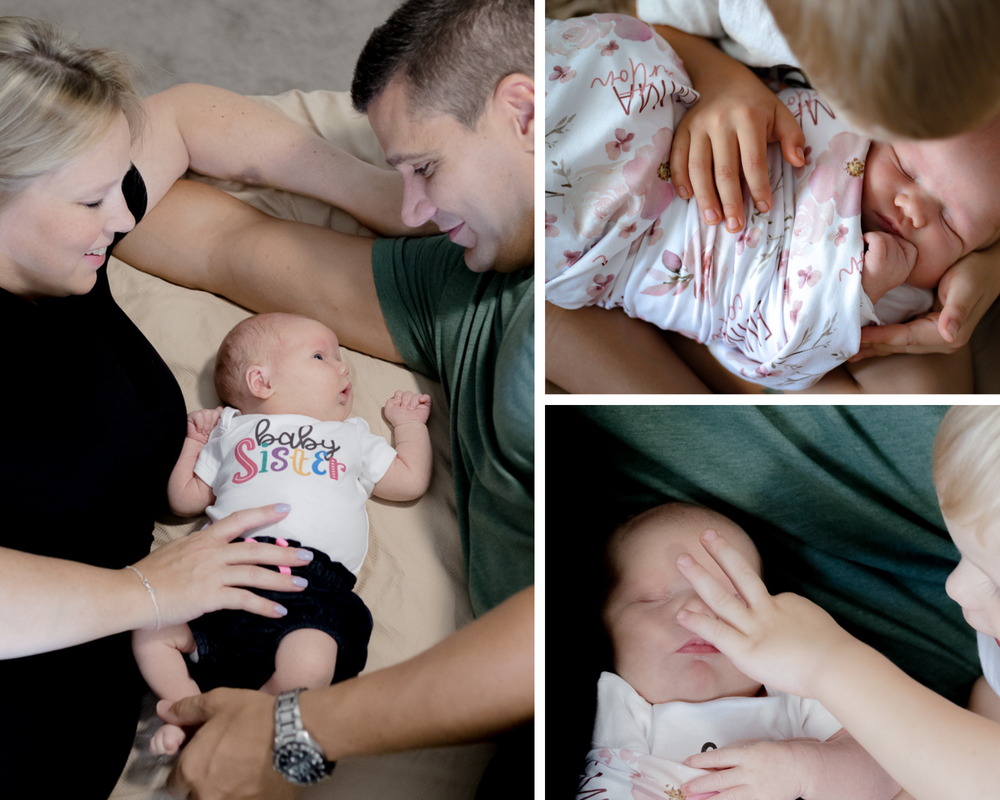 Mom and dad laying on bed with newborn baby girl between them, older brother holding newborn baby sister, older brother touching newborn baby sister's face, in-home family session