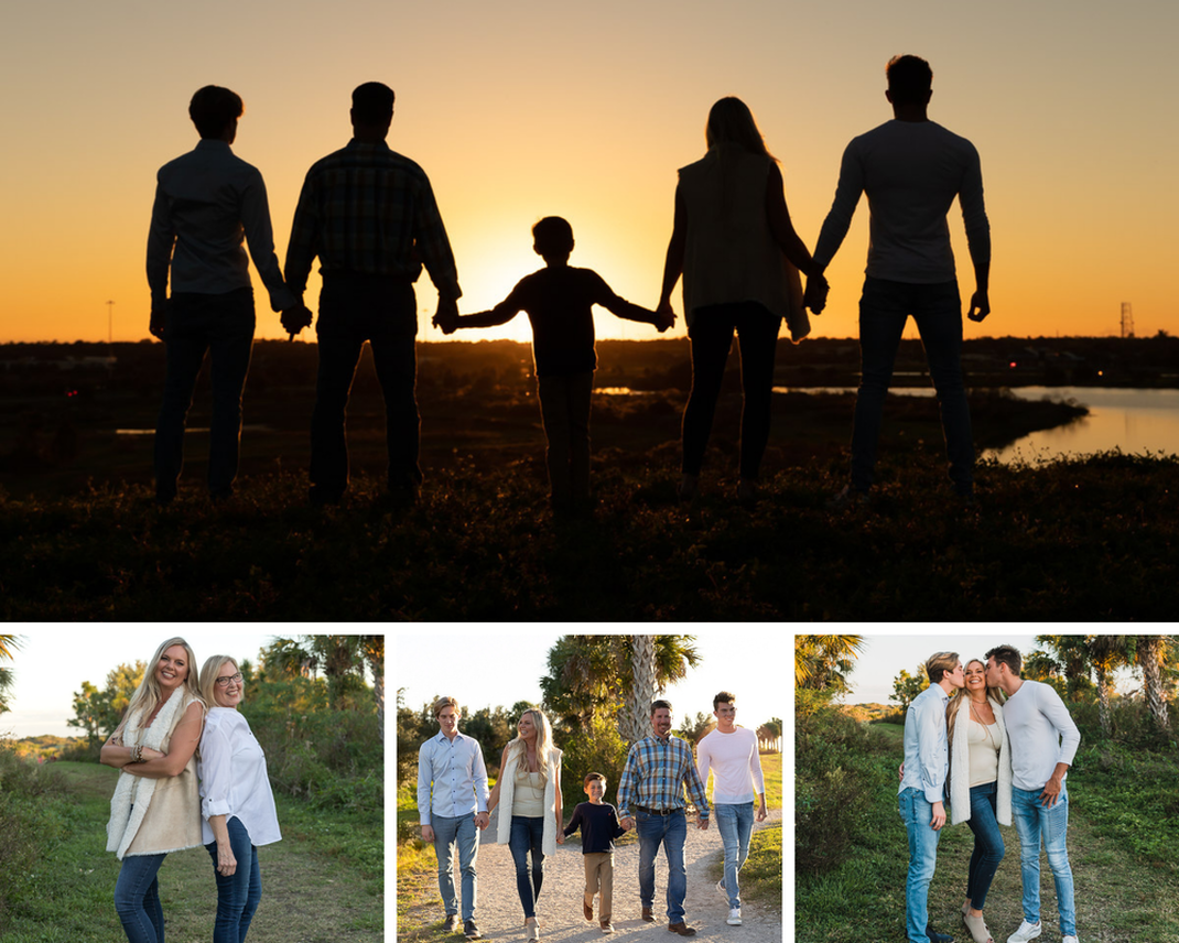family-standing-on-hill-facing-sunset-silhouette-golden-hour-Celery-Fields-Sarasota-Florida-mom-and-daughter-standing-back-to-back-family-of-five-walking-on-gravel-trail-towards-camera-sons-kissing-mom-on-cheek-standing-outside