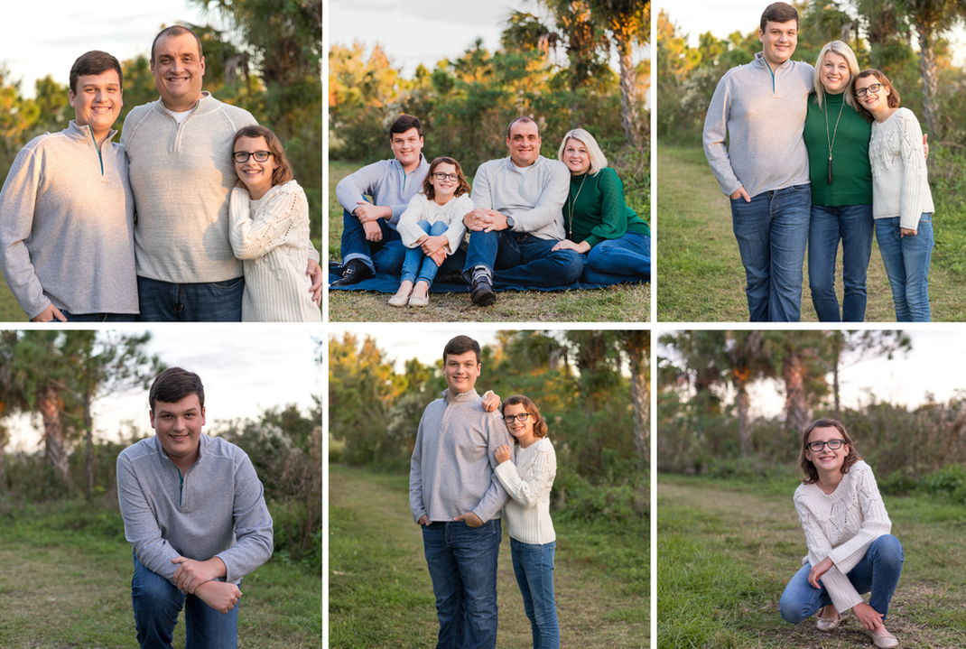 lifestyle-outdoor-family-photo-session-dad-with-children-family-sitting-on-ground-with-children-son-kneeling-with-one-knee-on-ground-brother-and-sister-standing-with-sister-leaning-on-back-of-brother-young-girl-squatting-on-ground-Celery-Fields-Florida-golden-hour
