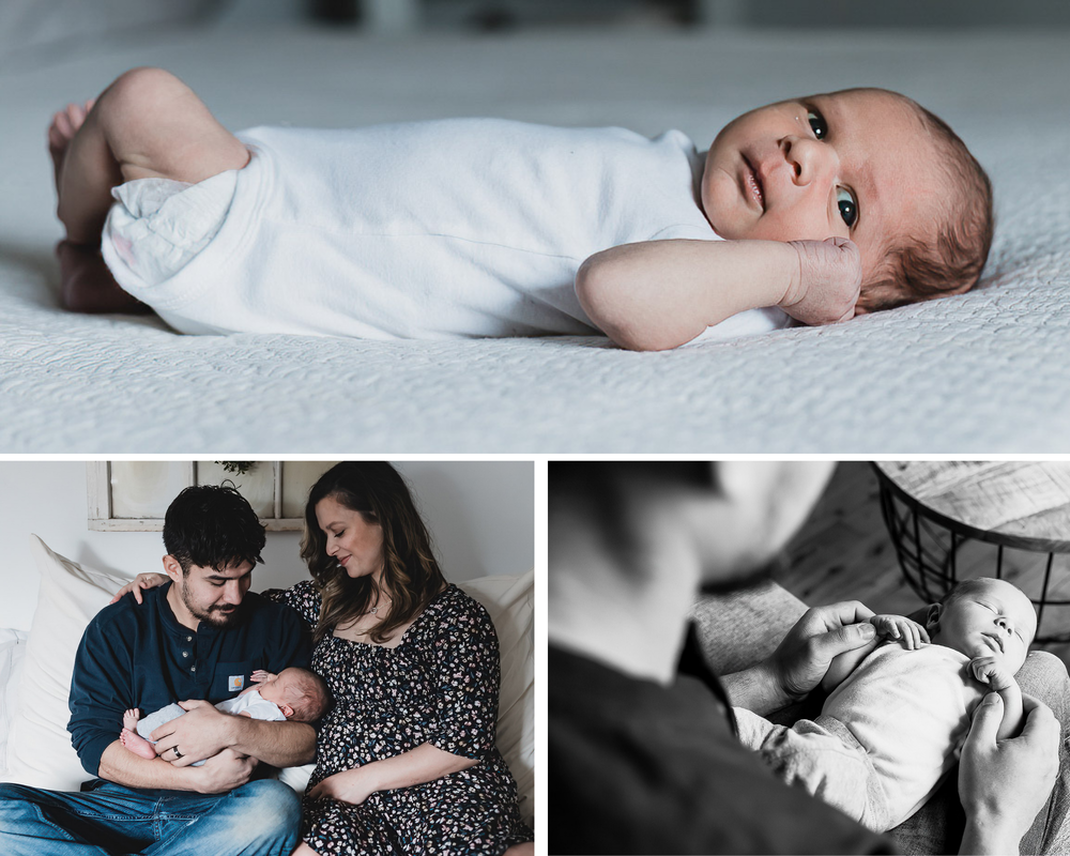Collage of newborn baby boy laying on bed, mom and dad on bed looking a baby, black and white close up of dad holding baby in lap, lifestyle newborn photography