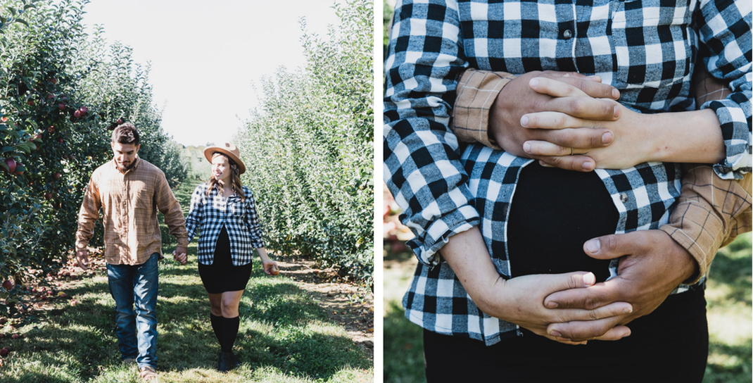 Collage of maternity photoshoot, outdoors, apple orchard