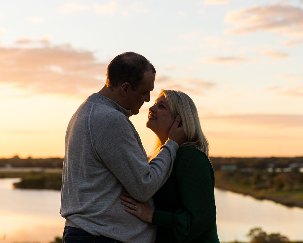 Couple looking into each other's eyes, golden hour, Celery Fields, Sarasota, Florida