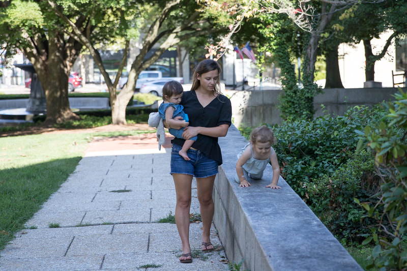 Mom walking with children outside, Rockville MD