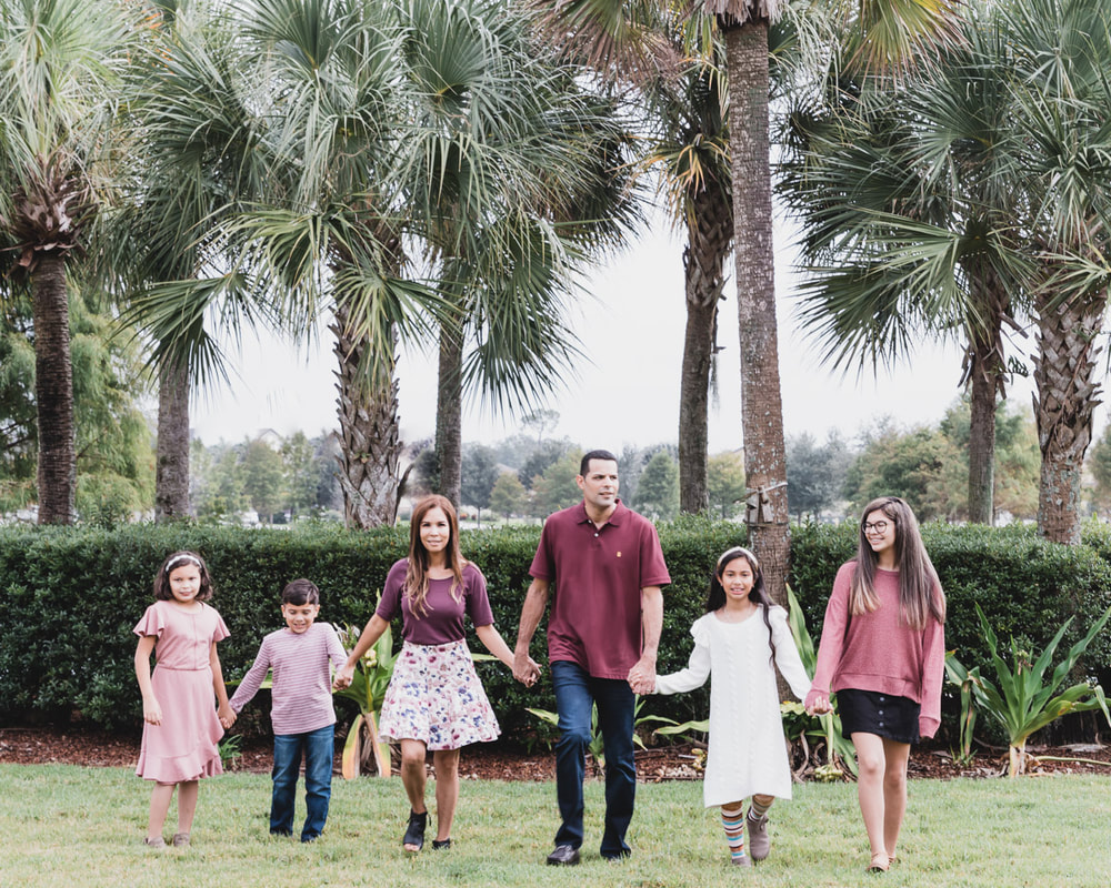 Family of six outside walking towards camera, Lakewood Ranch, Florida, lifestyle family
