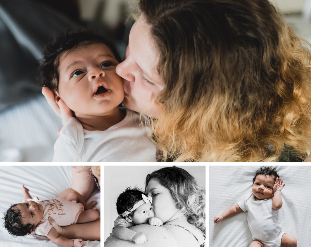 Photo collage of mom with newborn baby girl, kissing cheek, holding in arms on bed, holding baby over shoulder, black and white, baby laying on bed,  lifestyle newborn photography, Bradenton, Florida